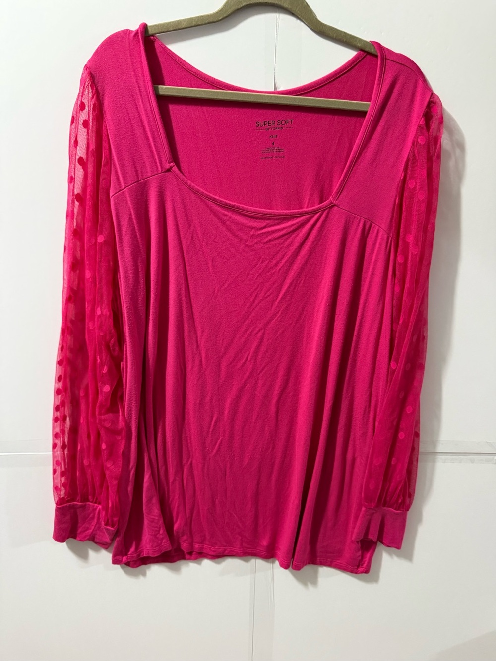torrid Hot Pink Long-Sleeve Top with Sheer Polka Dot Sleeves